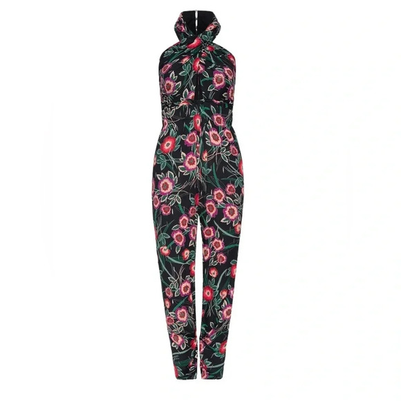 NEW MISA Halter Kora Floral Jumpsuit with Pockets Black Size M - Picture 2 of 11
